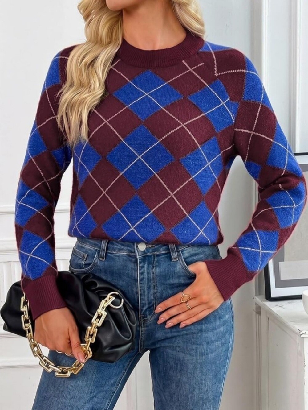 Stylish Sweaters Argyle Colorblock Pullover Sweater - Vintage Style Plaid